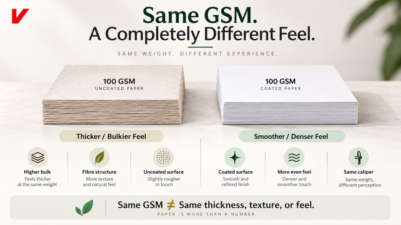 Two sheets of paper with the same GSM but different thickness, coating and surface texture demonstrating the effect of bulk and caliper.