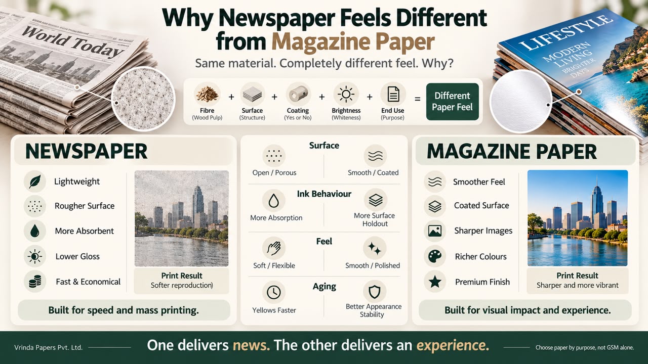 Comparison of newspaper and magazine paper showing differences in coating, smoothness, brightness and print quality.Comparison of newspaper and magazine paper s