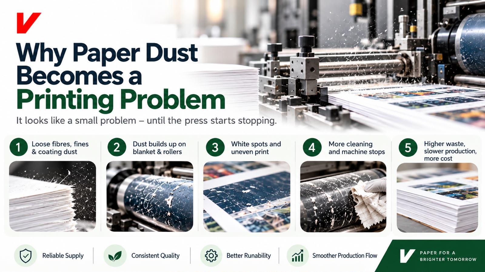 Tiny paper dust particles affecting print quality and causing blanket contamination on a printing press.