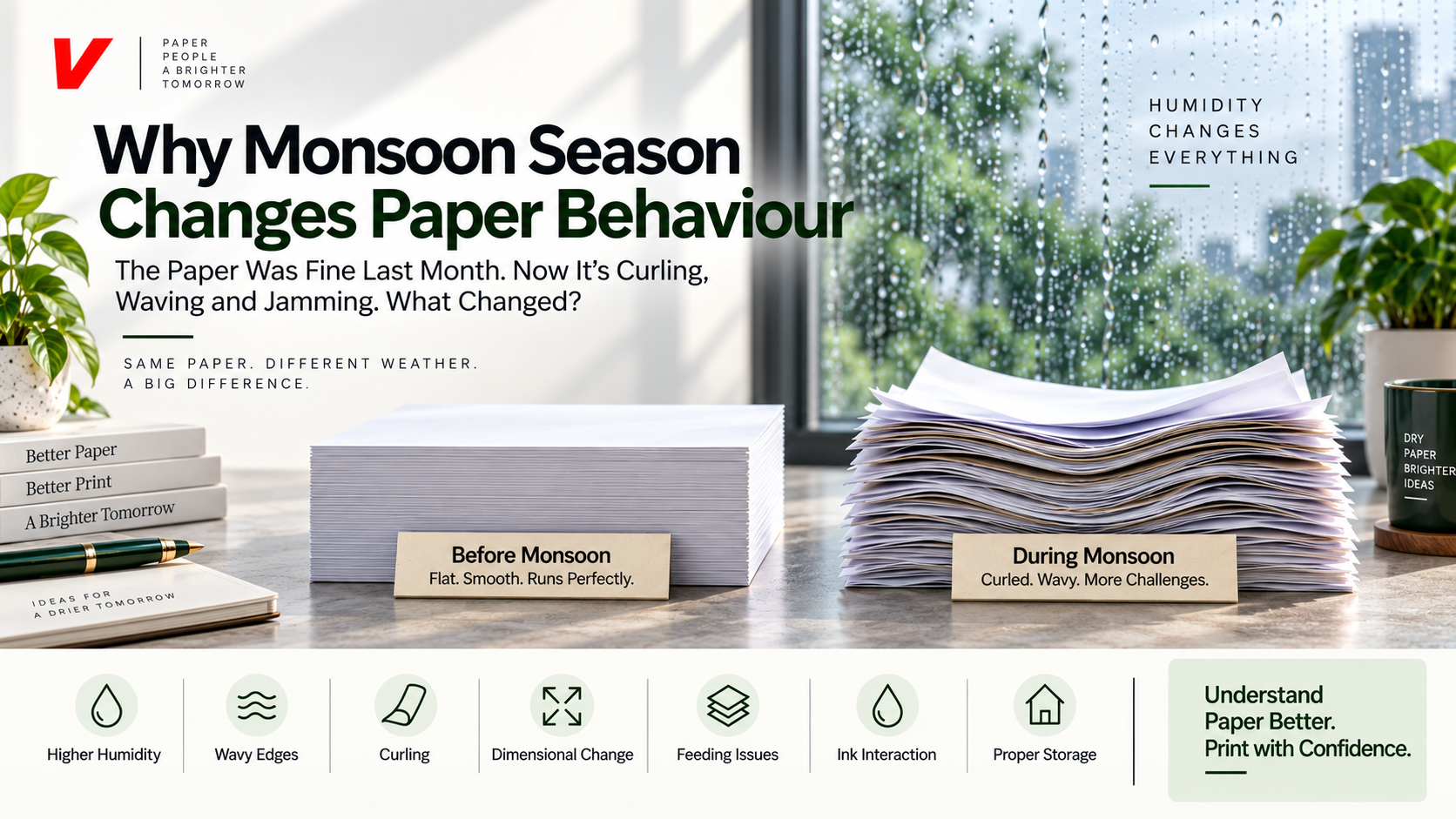 Stack of printing paper showing curled and wavy edges caused by high humidity during the monsoon season.